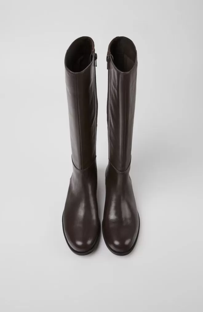 Zapatos Planos<Camper Botas Altas Marron Oscuro De Piel Y Tejido Para Mujer